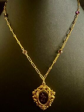 Vintage Gold-Tone Ornate Pendant Necklace with Amethyst Accents